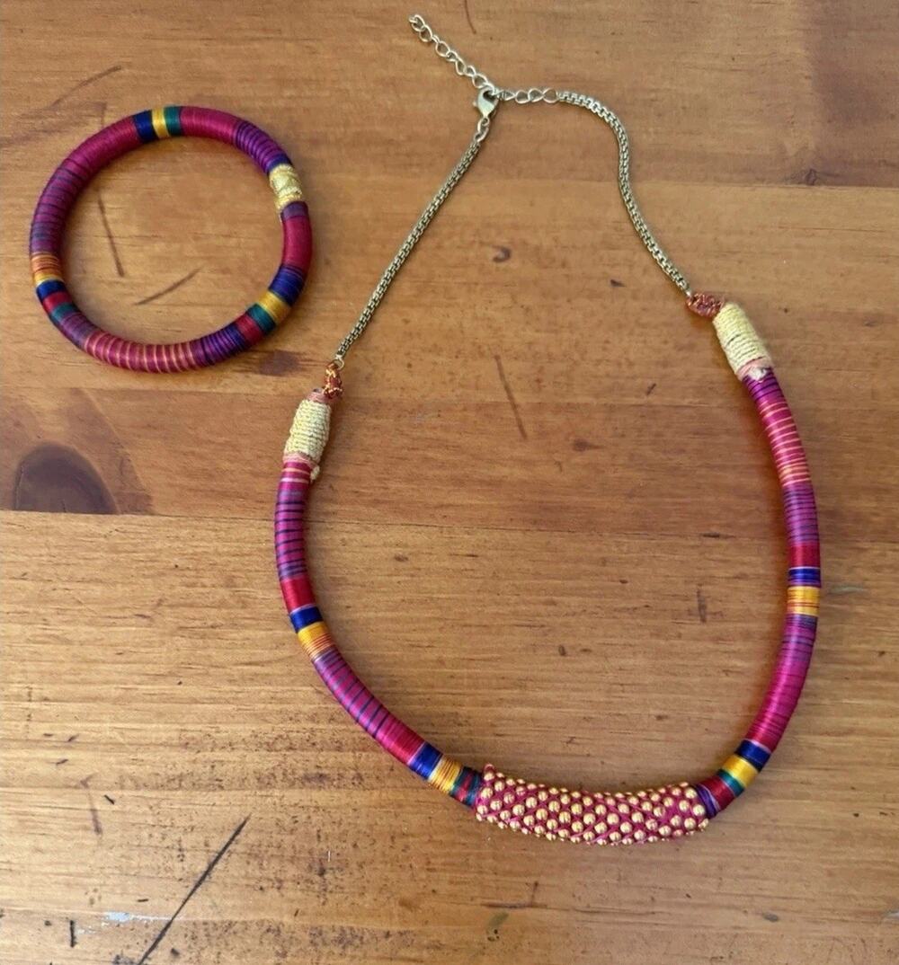 Handmade Thread Wrapped Boho Necklace Bracelet Set Tribal Artisan Colorful